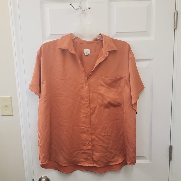 a new day Tops - a new day, NWOT, tangerine short sleeve button down blouse, lounge top, LG